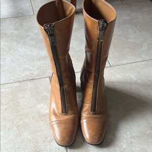 Zara Brown Leather Combat Moto Boots with Side Zipper